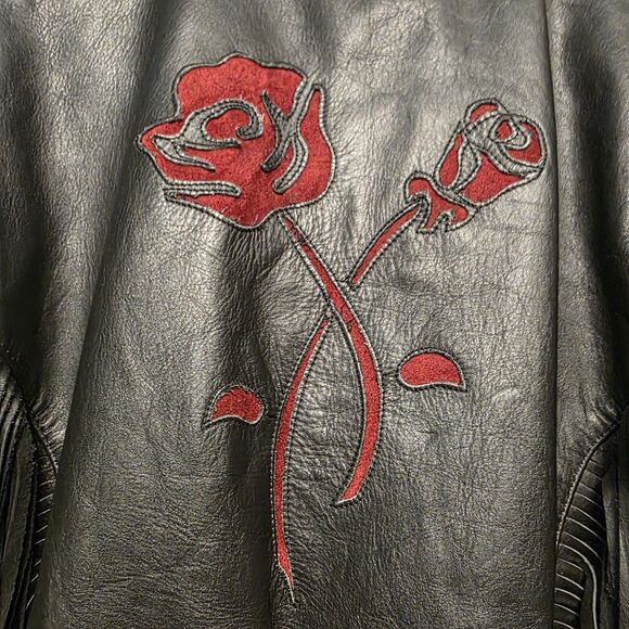 Vtg First Leather Motorcycle Biker Jacket Coat Fringe Red Rose Black Women Sz 12 - Picture 6 of 9